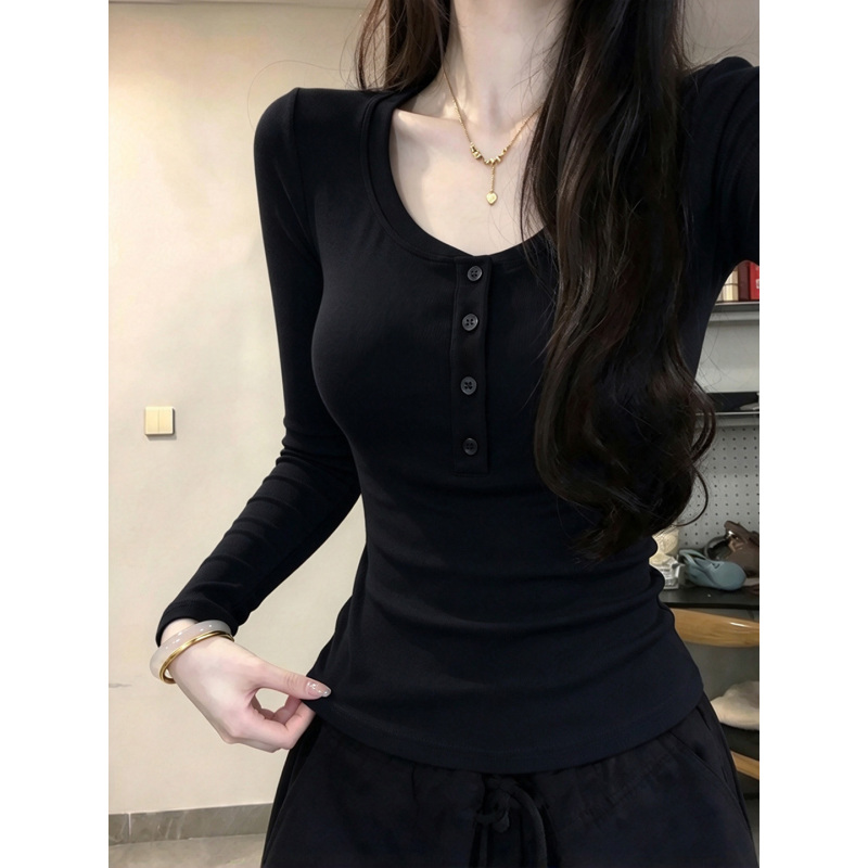 Women's V-Neck Button Long-Sleeve T-Shirt, 2026 New Autumn Design, Slim-Fit Black Base Layer Top