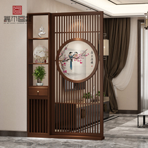 Wooden screen new Chinese living room solid wood with shoes cabinet partition double-sided round cloth art painting floor porch seat screen