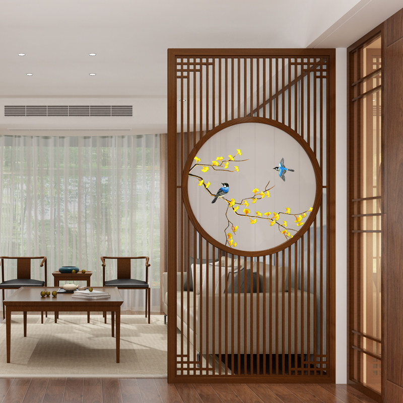 New Chinese solid wood screen grille cut wooden living room embroidery hotel masonry double side embroidery office