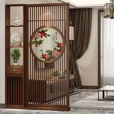 Living room shelf screen cabinet New Chinese style all solid wood hollow double-sided partition decoration Study dining room room occlusion