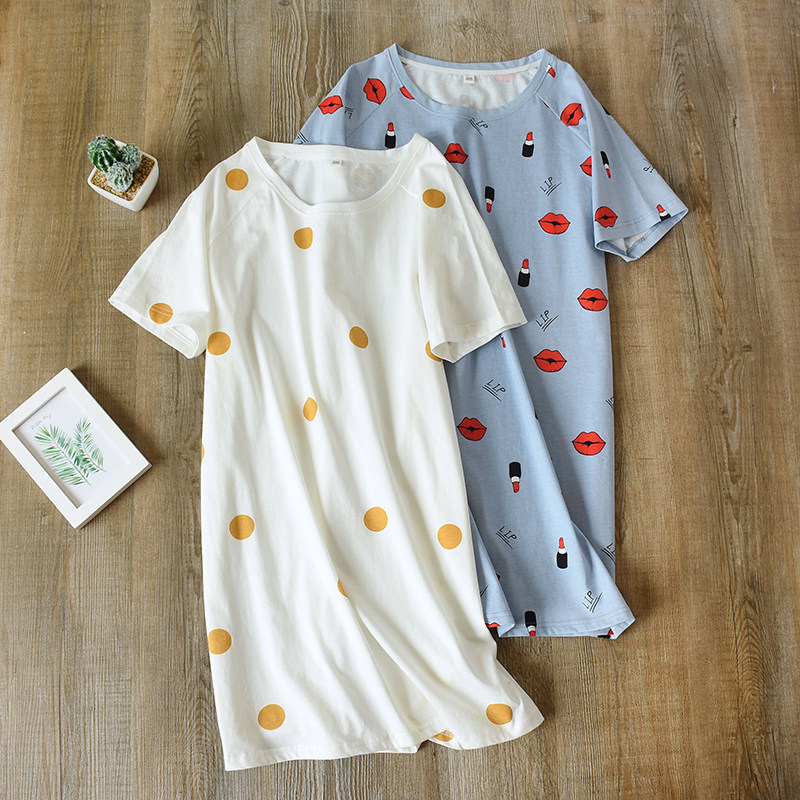 Summer pure cotton slim fit knit cotton sleeping dress full cotton sleeping dress girl cute foreign dress Short skirt Home Clothing Dress