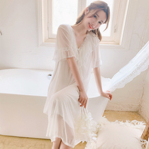 Ice silk pajamas womens summer short-sleeved Hanfu long princess style court style sexy modal thin nightgown girl