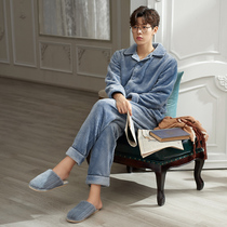 Mens pajamas autumn and winter coral velvet padded velvet winter flannel warm youth blue home suit suit