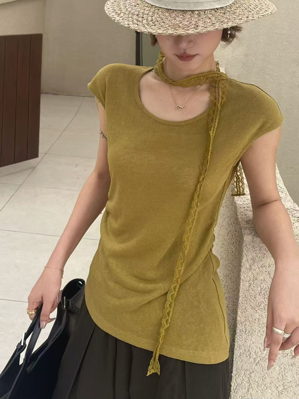 European Station 26 Summer V+.Com New Versatile Round Neck T-Shirt with Lace Back Detail and Ribbon, Slim Fit Top