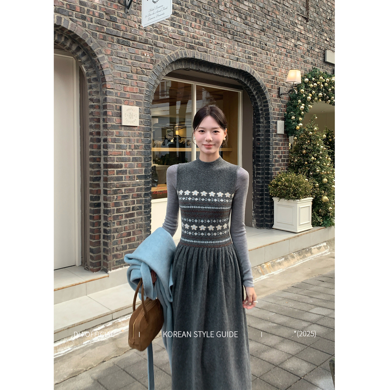 Limited-Time Clearance Sale | Big Flower [Seoul Christmas Eve] High-Weight Korean-Style Self-Developed Fair Isle Jacquard Dress