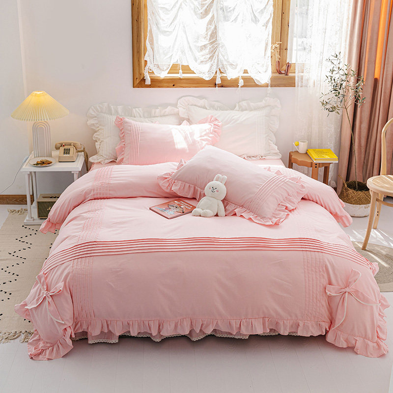 Korean style simple princess style cotton four-piece set solid color cotton bedding bed skirt quilt cover ruffled girl heart