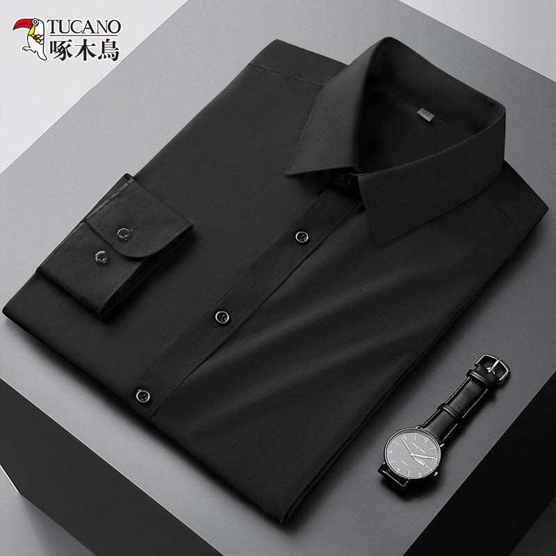 Woodpecker Men's Long-Sleeved Black Shirt, High-End Professional Business Formal Wear, Suit Inner Layer, Work Shirt