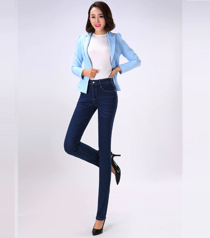 Mùa xuân 2018 mới quần jeans ống đứng thẳng nữ quần cạp cao cạp cao cho mẹ trung niên size lớn Quần co giãn thời trang nữ 2021