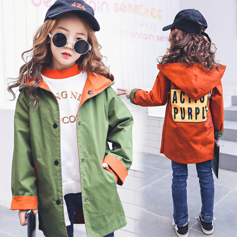 女童风衣春秋2018新款 韩版 洋气外套 中长款
