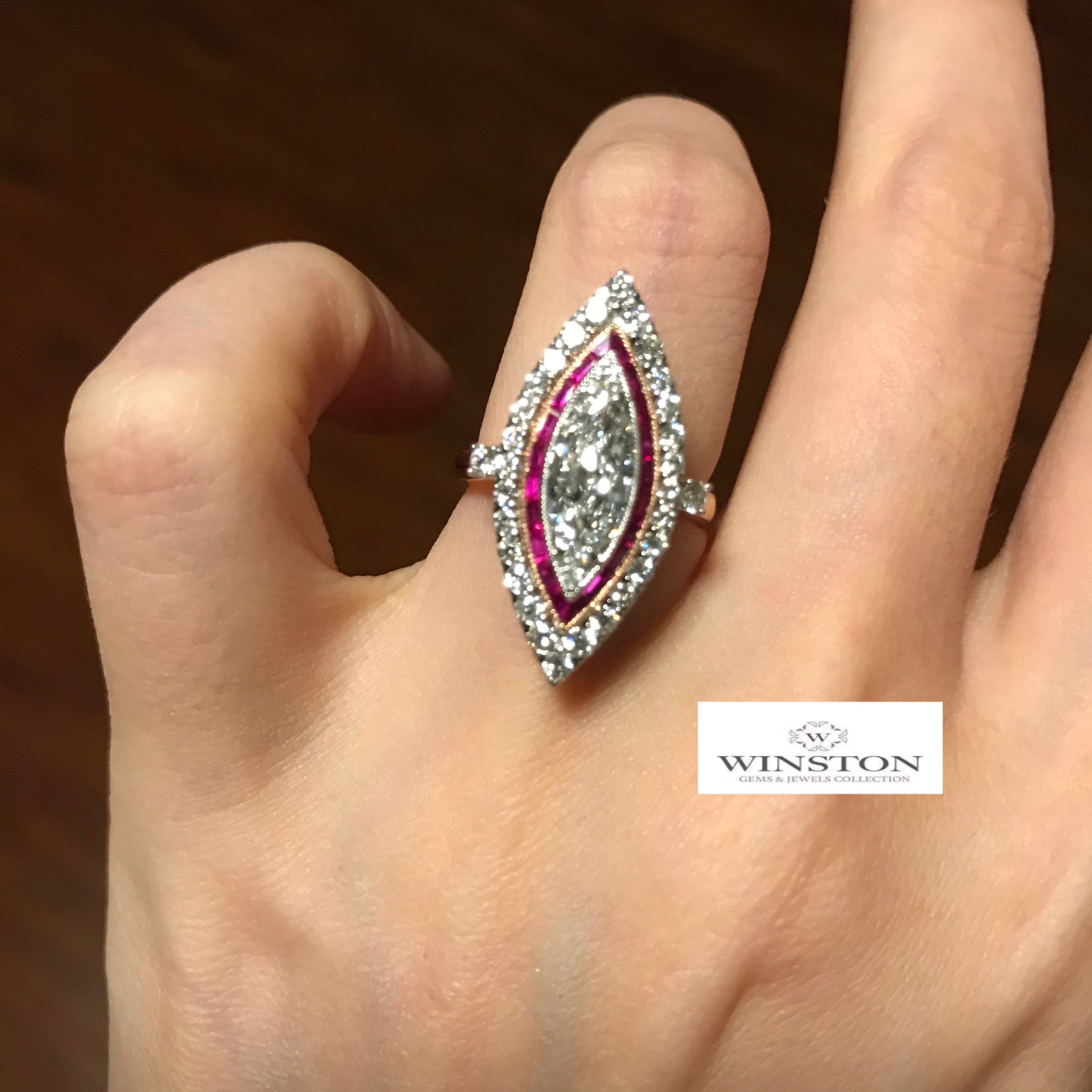 (Withestine Jewelry) Antique High Deposit 1 gr Raman Eye Diamond Seamless Inlaid Ruby 18k Ring