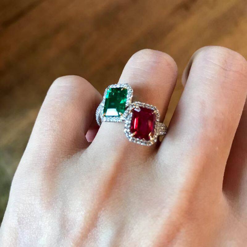 (Winston) high set collision color red green glass body dove blood red ruby Zum mother green diamond 18k ring