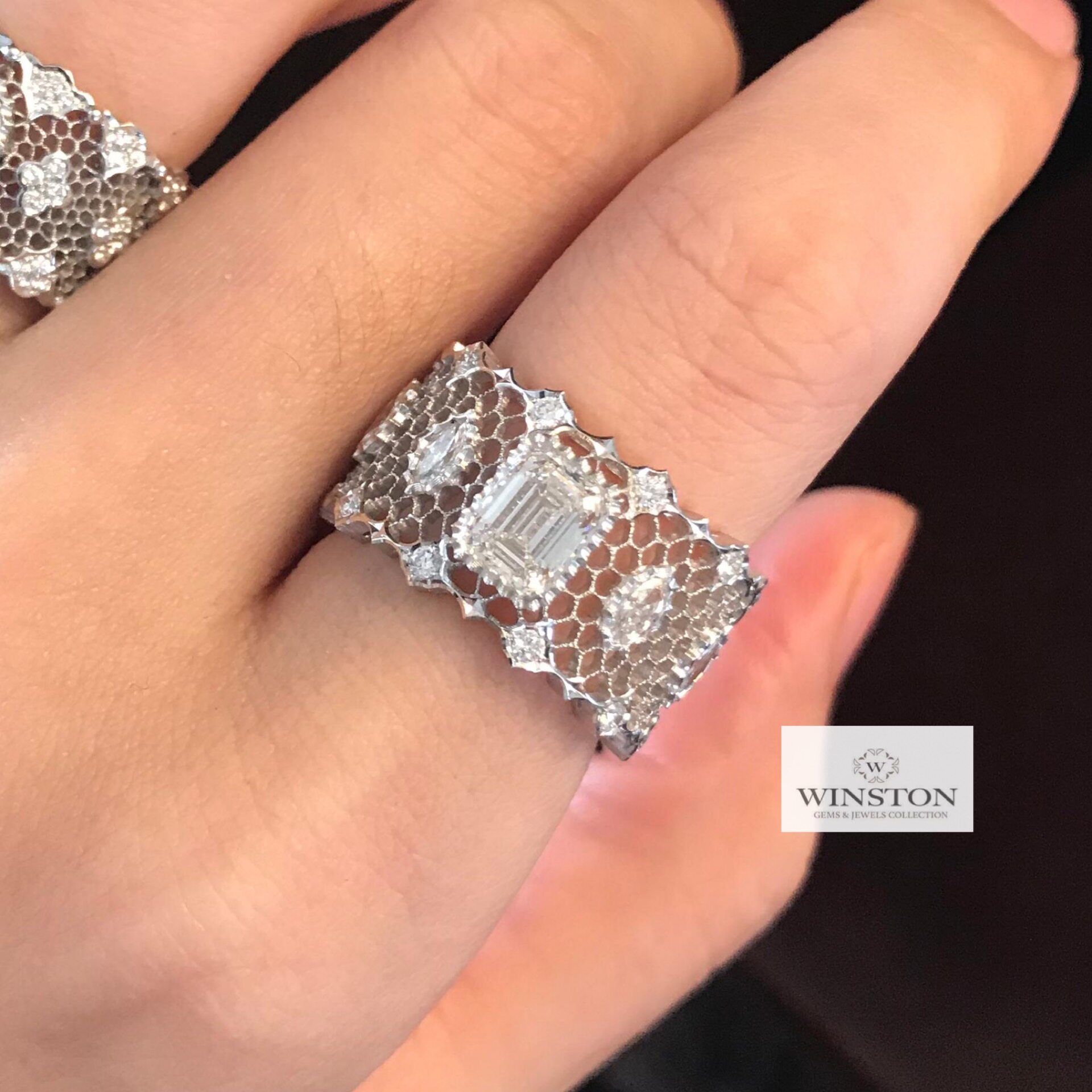 (Westin Jewelry) 1 carat emerald cut diamond lace craft brushed 18k white gold ring