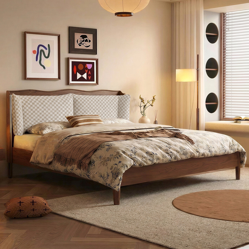 Norman Bed, French Mid-Century Style, Solid Wood, Removable and Washable Soft Fabric Bed, Retro, Suitable for Large and Small Apartments, Master Bedroom, Double Bed