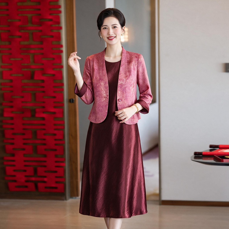 New Chinese-Style Autumn Outfit for Middle-Aged Mothers, Dress with Three-Quarter Sleeves, Jacket and Skirt, Suitable for Mother-In-Law's Wedding or Engagement Ceremony New Chinese-Style Autumn Outfit for Middle-Aged Mothers, Dress with Three-Quarter Sleeves, Jacket and Skirt, Suitable for Mother-In-Law's Wedding or Engagement Ceremony