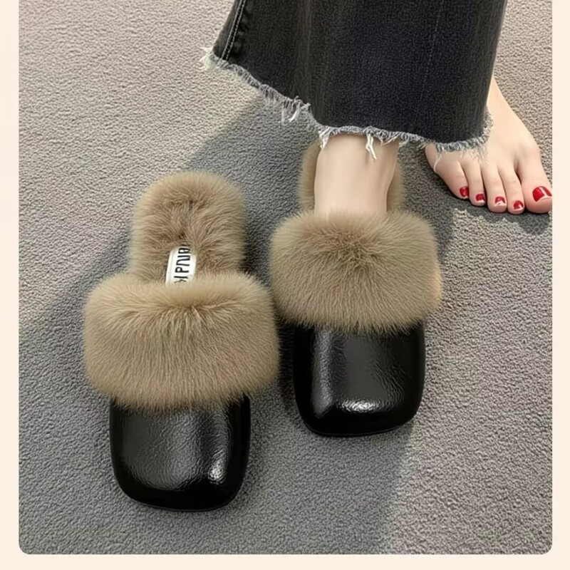 Korean Style Flat Furry Slippers for Women, Suitable for Outdoor Wear, 2024 Autumn and Winter New Model, Fleece-Lined, Warm, Slip-On, Closed-Toe Cotton Slippers