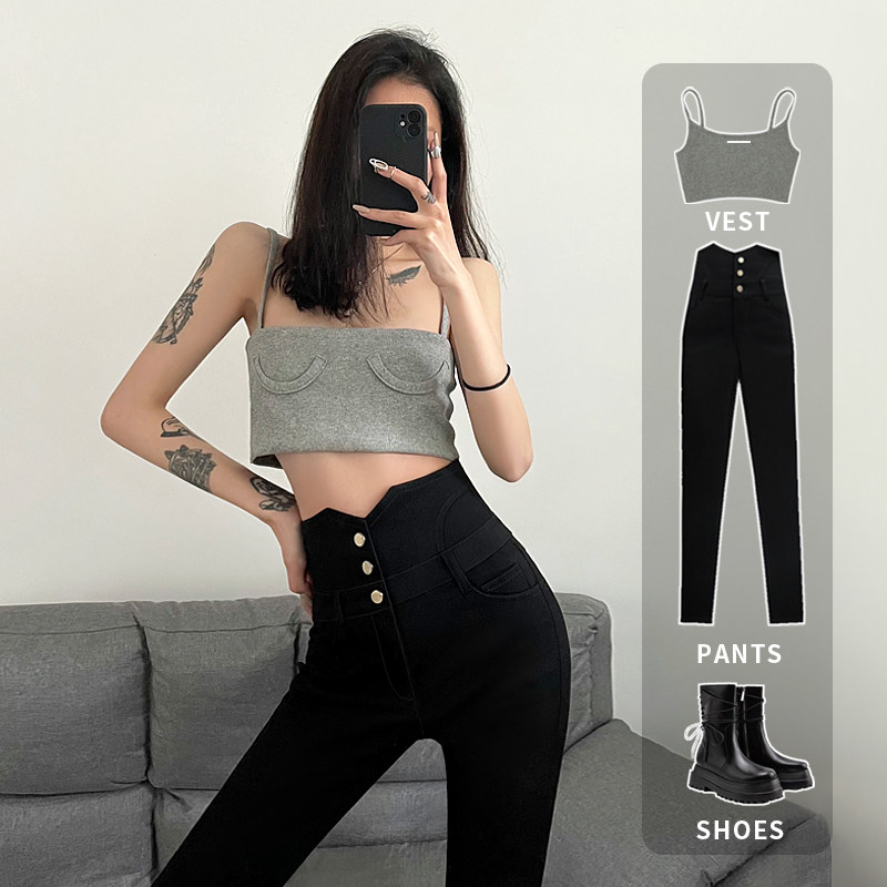 High waist elastic small black trousers spring, autumn and summer thin section pencil feet magic slim black leggings women's outerwear
