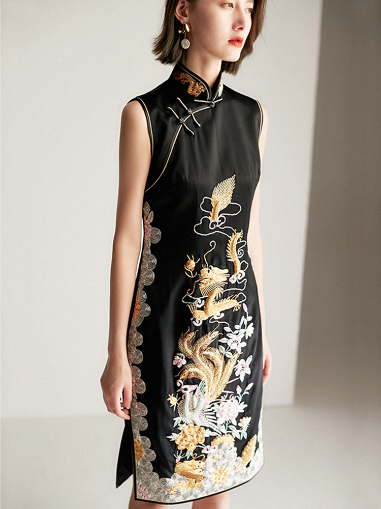 BEEWOOOD Beyoncess high-end handmade custom embroidered standing qipao with sleeveless true silk mulberry silk ocean dress