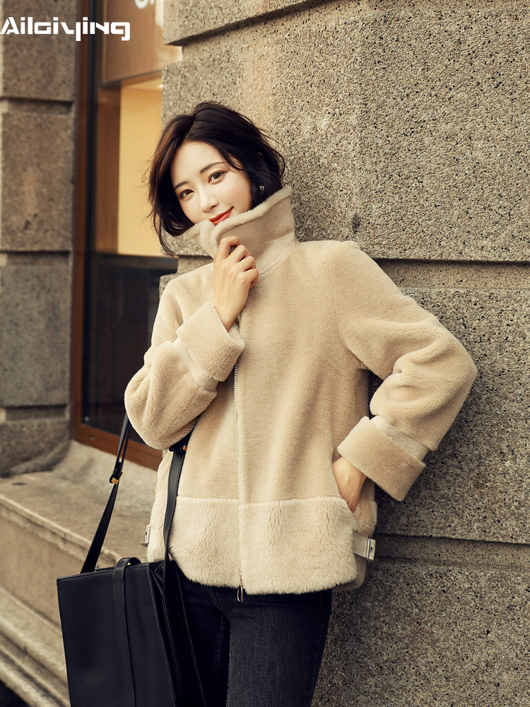 Eli Ying 2019 mùa đông mới 100len cổ vuông zip perapped cashmere hạt phụ nữ áo khoác áo lông thú