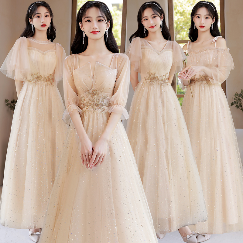 Summer evening dress, long advanced bridesmaid dress, mid-length, suitable for teen, fitted, champagne color, for bridesmaid
