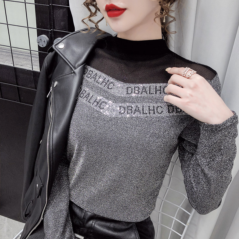 Sense of design 2022 spring and autumn gold velvet hot diamond T-shirt half height neck undershirt mesh splicing trim top tops female tide