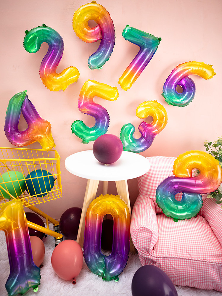Children Birthday Digital Balloon 16 inch Gradual Layer Jelly Color Rainbow Trumpet 0-9 Aluminum Film Party Placement Supplies