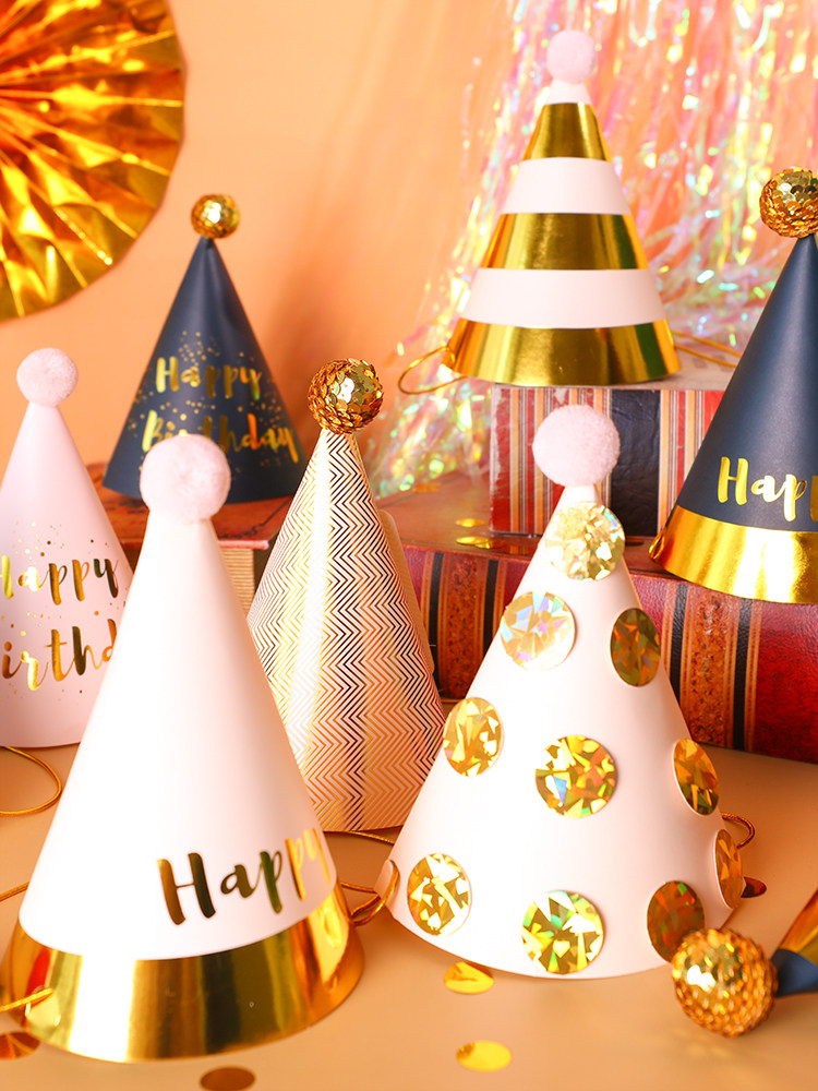 Party Decoration Birthday Hat Pink Gold Black Gold Polo Dot Stripe Birthday Party Hat Bright Sheet Plush Ball Gathering
