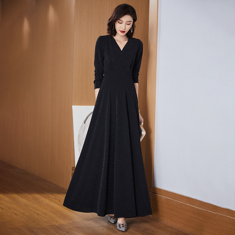 2024 New Spring Long-Sleeved Long Dress, Black Long Dress for Women, Spring and Autumn, Slimming, Height-Enhancing, Elegant, Ankle-Length