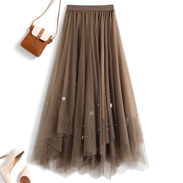 Beaded mesh skirt women's spring 2021 new high-waisted slim irregular pleated skirt mid-length a-line skirt