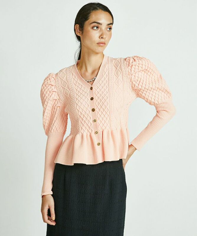 Ddflowers Japanese Luxury Brand Dsc Cable Knit Pattern Court-Style Puff Sleeve Slim-Fit Knit Cardigan
