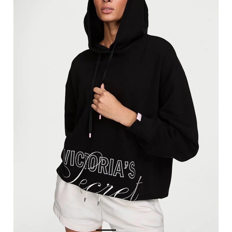 Victoria's Secret Show Style 2026 New Fleece Hoodie with Rhinestone Logo, Black Slim-Fit Hooded Jacket