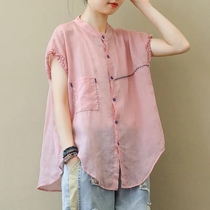 Large yards womens loose literary cotton shirt girl new 2023 summer thin casual coat