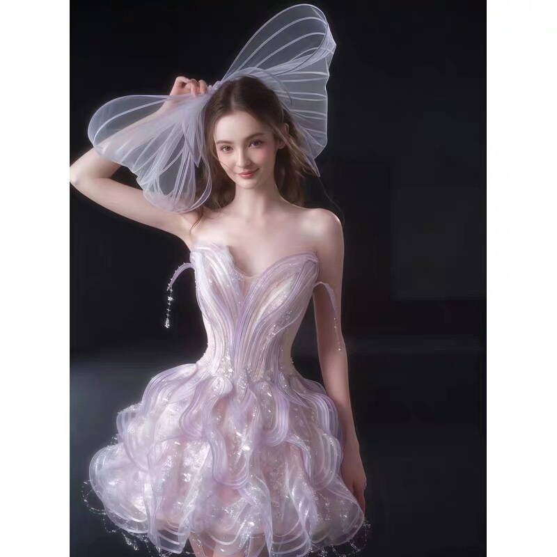 Pink-Purple Strapless Short Dress with a Fairy-Like, Dreamy Princess Style for Birthday Parties, Annual Meetings, and Stage Performances Pink-Purple Strapless Short Dress with a Fairy-Like, Dreamy Princess Style for Birthday Parties, Annual Meetings, and Stage Performances