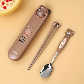 Cute Cartoon Chopsticks and Spoon Set 316 Stainless Steel Kidsren's Portable Cutlery Box Primary School Students Two-Piece Travel Set