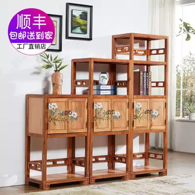 New Chinese camphor wood all solid wood decorative cabinet Bogou shelf painted water-based paint bookshelf wine rack flower shelf storage