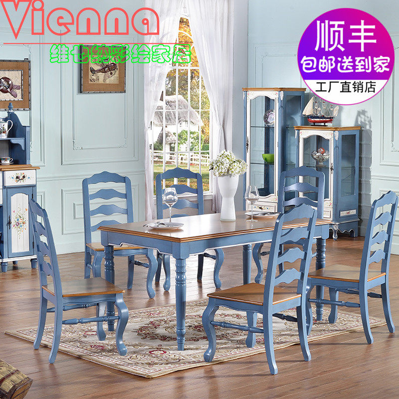American Mediterranean furniture painted blue porcelain dining table chair 1 5 wine cabinet shoe cabinet 1 table 6 chair