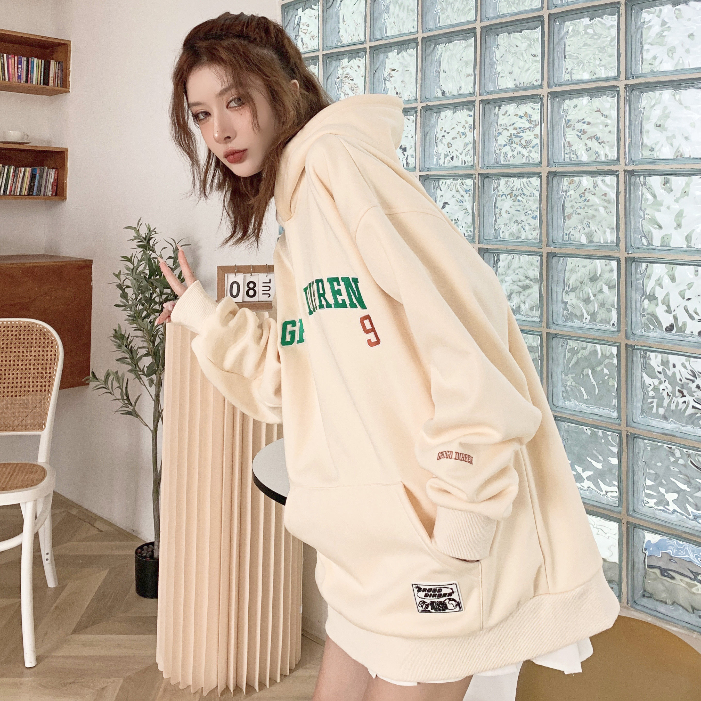 GRUGD DIRBEN American retro hooded sweater embroidered top loose wild tide brand street letter hoodie