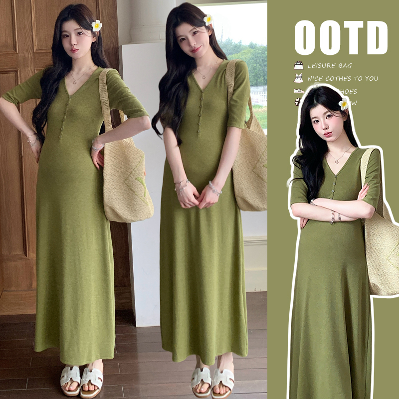 Maternity Wear Summer Dress 2026 New Summer Style Mid-Sleeve Elastic Slim-Fit Elegant Fashion Long Dress for Pregnant Moms French Style Outfit