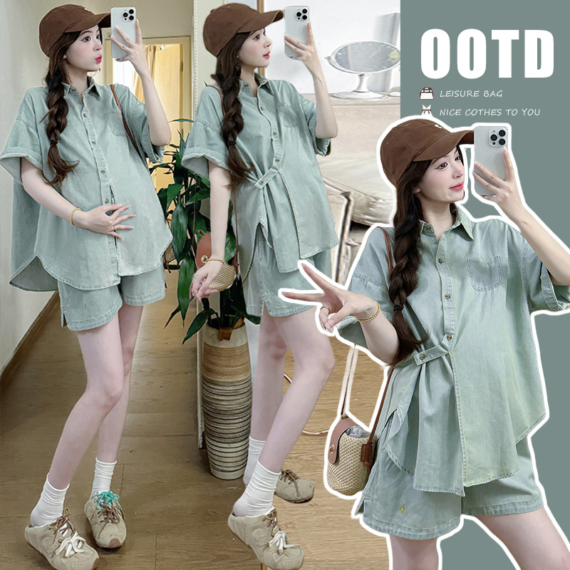 Maternity Summer Outfit Set 2026 New Summer Thin Denim Shirt and Shorts Two-Piece Set Stylish and Fashionable Summer Style