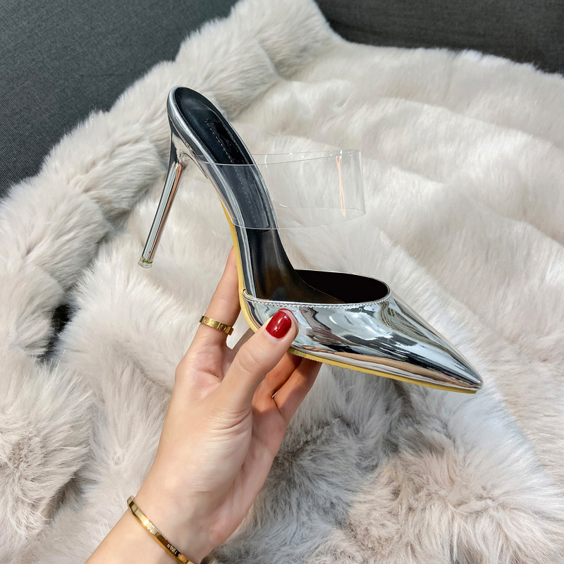Women's New Yiluzhi High-Heeled Slippers for Outdoor Wear, Pointed Toe, Sexy Stiletto Heel, Transparent Strap, Microfiber Patent Leather, Fairy Style 10cm