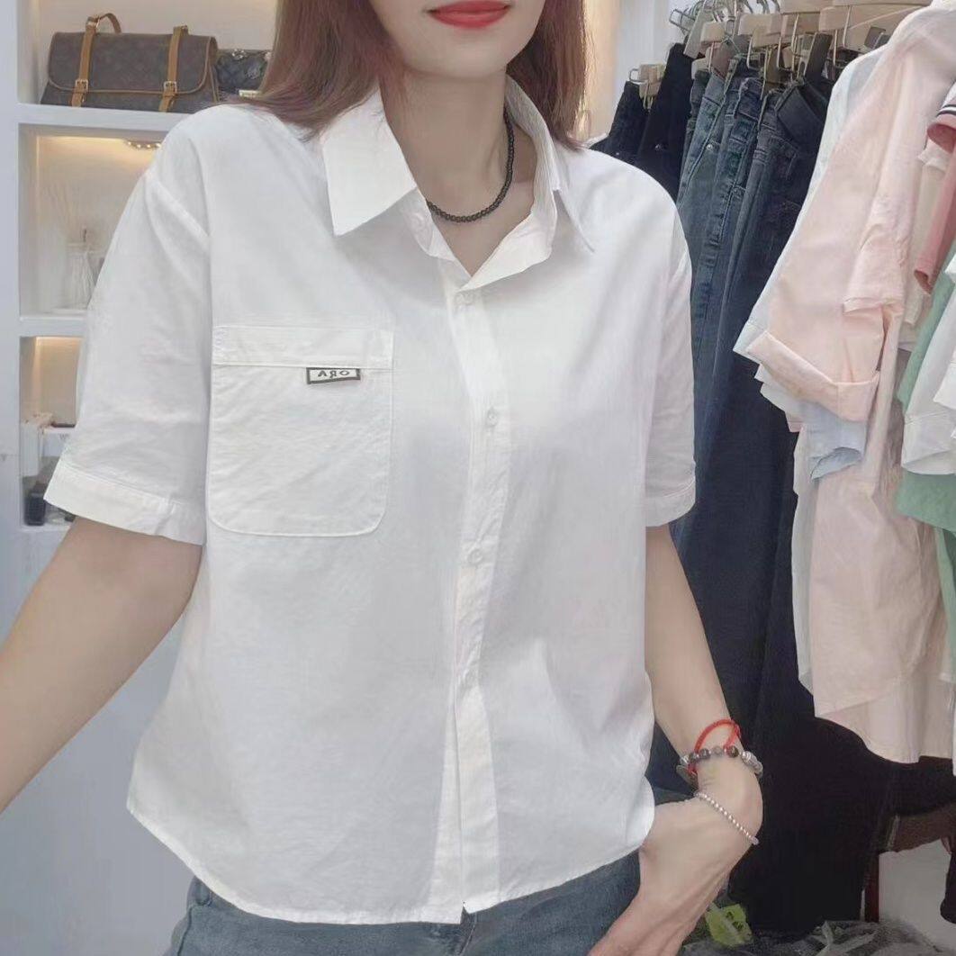 韩版设计感洋气薄衬衫女时尚翻领短袖夏季新款宽松遮肉口袋上衣潮