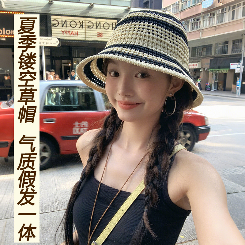 Hat and Wig Combo for Women, Hollow-Out Sun Protection Fisherman Straw Hat with Braided Hair, Versatile and Fashionable Sunshade Beach Wig Hat