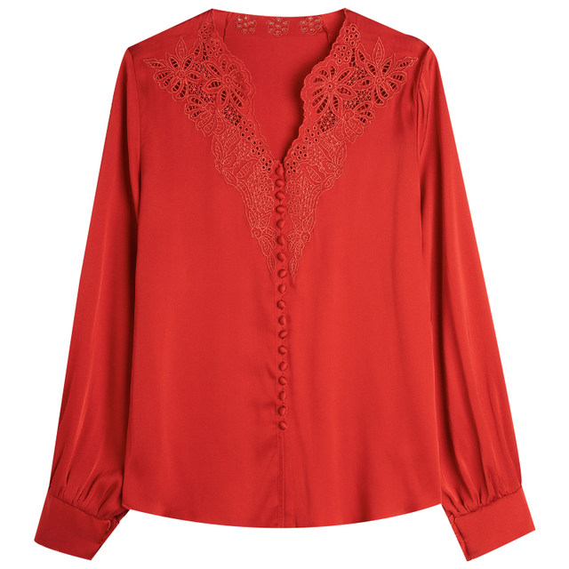 Red silk mulberry silk shirt women's 2022 spring new high-end embroidered T-shirt foreign style mother thin top