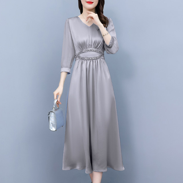 High-end silk satin dress women's 2022 autumn new chiffon stitching mid-length temperament slim mid-length skirt