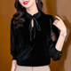 2022 spring new lady Hong Kong flavor retro long-sleeved slim black mesh stitching gold velvet top