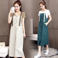 2020 New Style Set Long Skirt Short Sleeve Set Dress Goddess Fishtail Skirt Straps Linen Set Skirt Little Black Dress Thailand