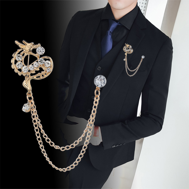 Phong cách Trung Quốc thời trang nam phù hợp với trâm kim cương Trung Quốc chuỗi rồng tua rua cổ áo pin phù hợp với phụ kiện váy - Trâm cài cài áo cao cấp