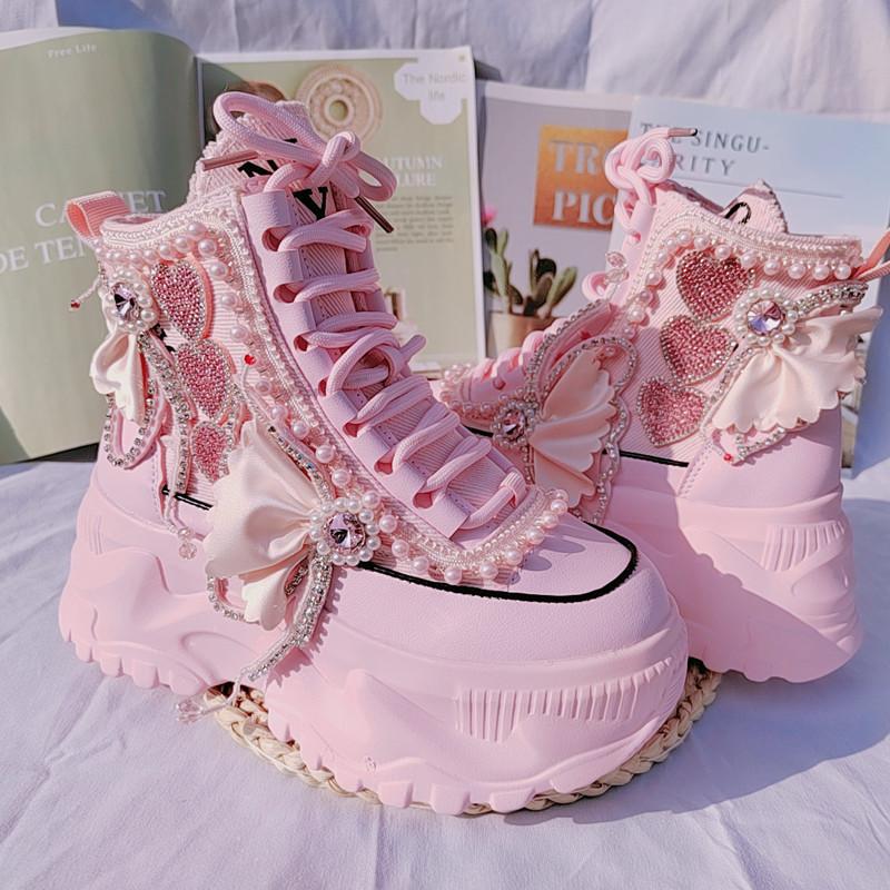 7cm High Platform Martin Boots for Women, Pink, Height-Increasing Short Boots, Sweet Rhinestone Fairy Style, New Spring and Autumn High-Top Single Boots for Women