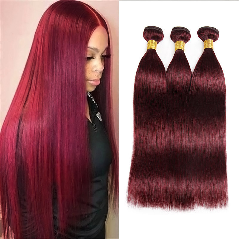 Real Human Hair Wig with Long Straight Hair # 99J Brazilian Human Hair Straiht Wave Hair Bundles