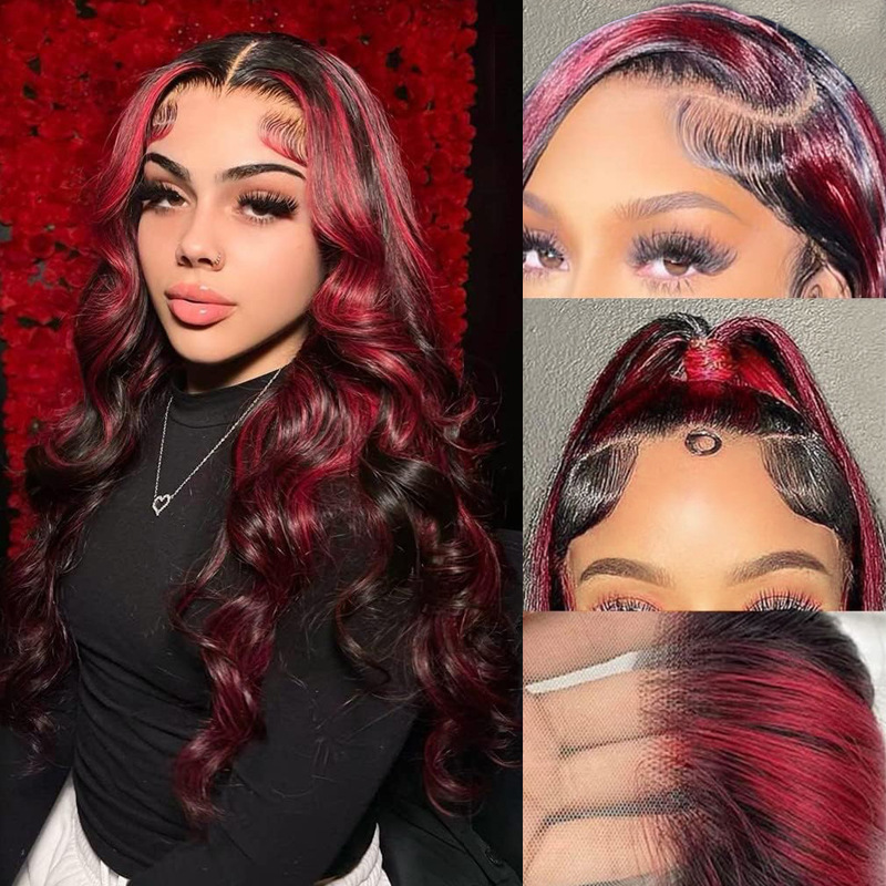 Ombre Highlights 1B99J Burgundy Front Lace Wig Human Hair Wig