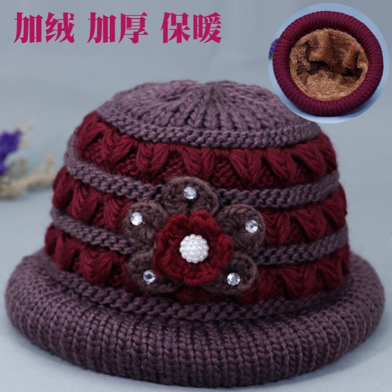 Old man's hat, female grandma, middle-aged and elderly mothers and old ladies in winter, plus velvet and thick wool knitted warm hat